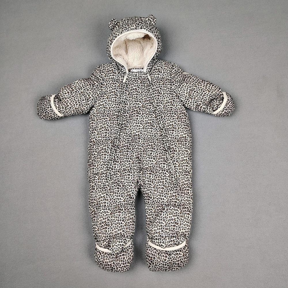 GAP Baby Leopard Print Puffer Snowsuit in Black & Cream